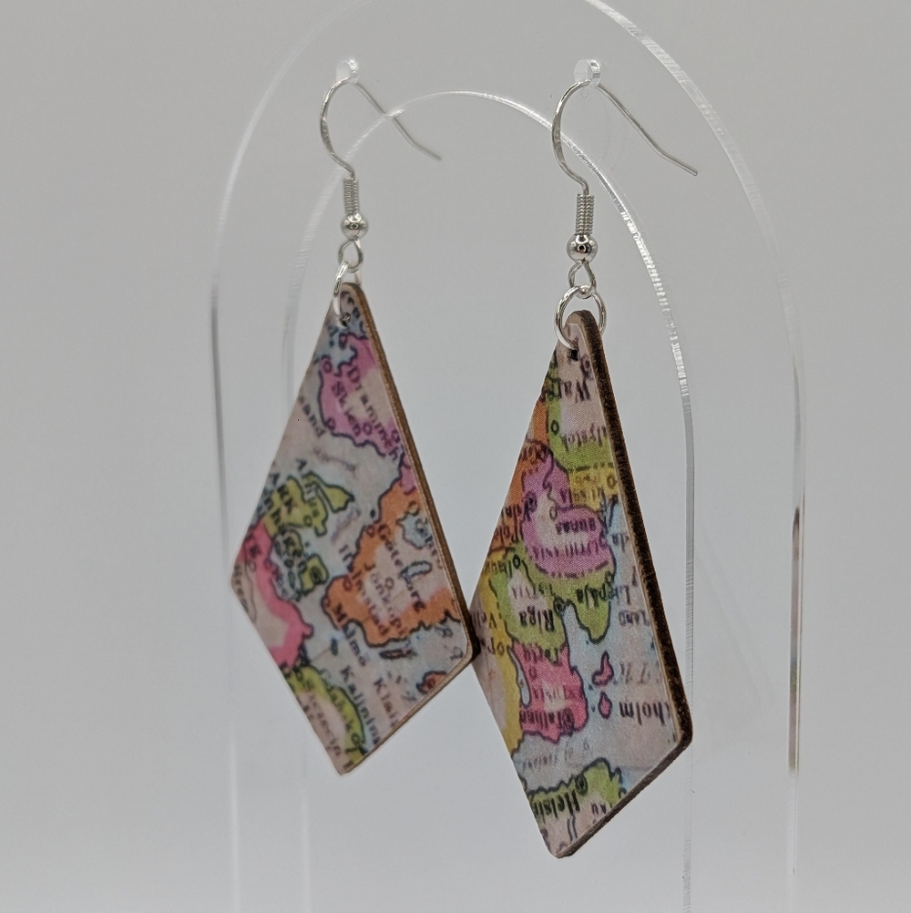 Handmade Map Print Earrings, Decoupaged on Wood - Picture 3 of 7